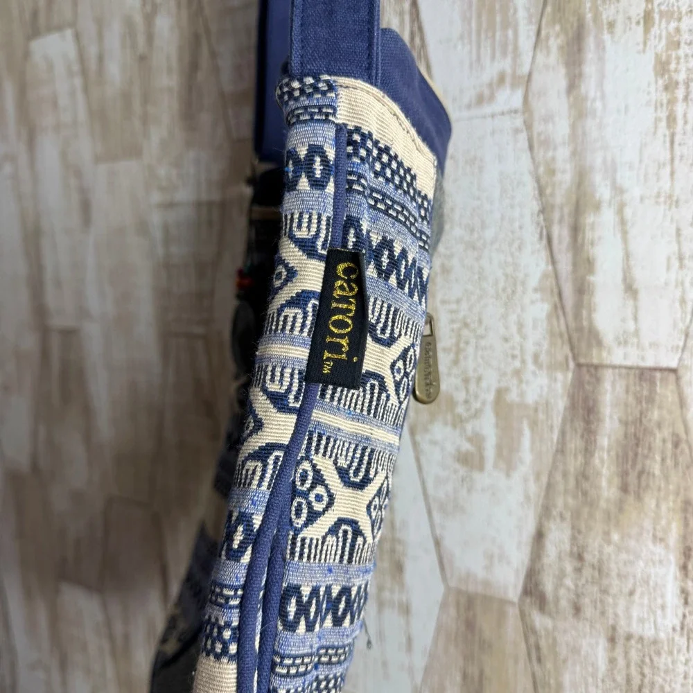 Vintage Catori Boho Embroidered Crossbody Bag Blue Tan Beaded‎ Charm